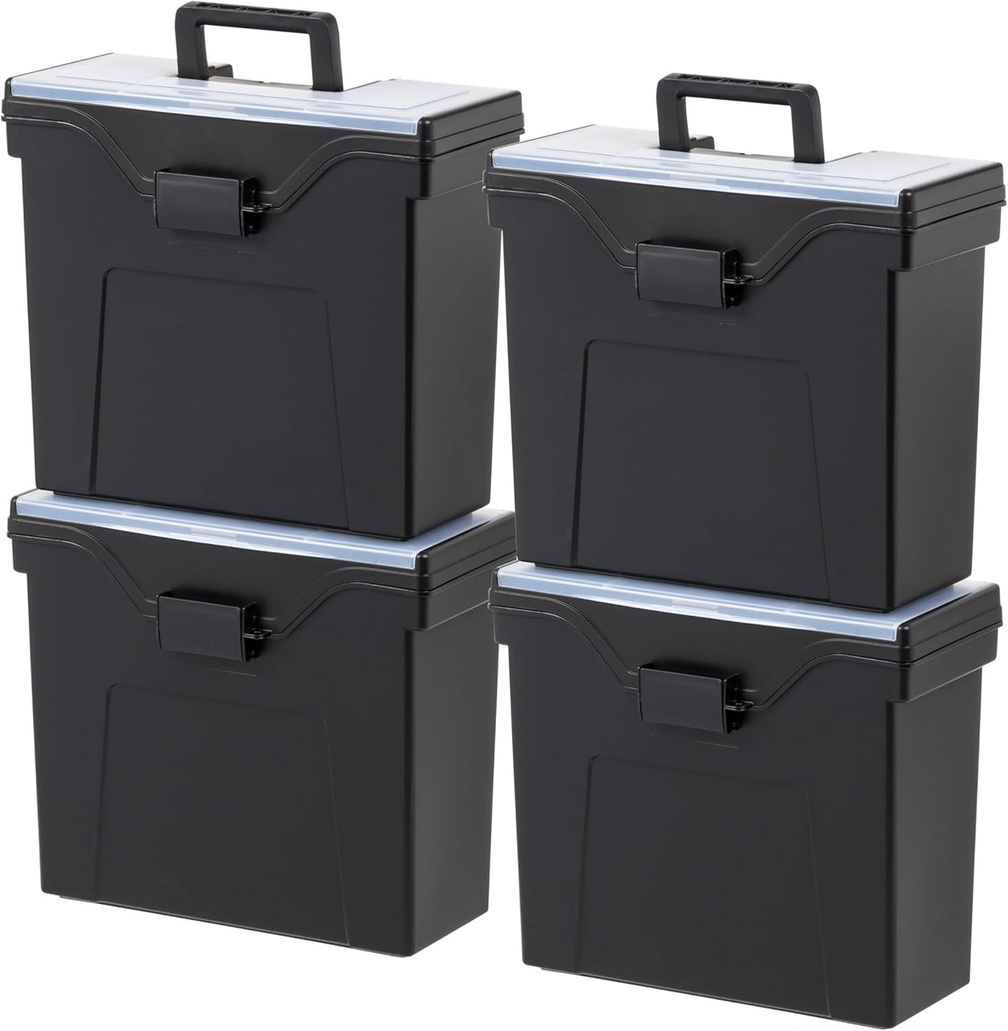 IRIS USA Slim Portable Letter/Legal File Tote Box, 4 Pack, BPA-Free Plastic Storage Bin with Organizer-Lid, Durable, Secure Lid and Handle, Black