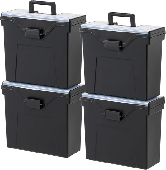 IRIS USA Slim Portable Letter/Legal File Tote Box, 4 Pack, BPA-Free Plastic Storage Bin with Organizer-Lid, Durable, Secure Lid and Handle, Black