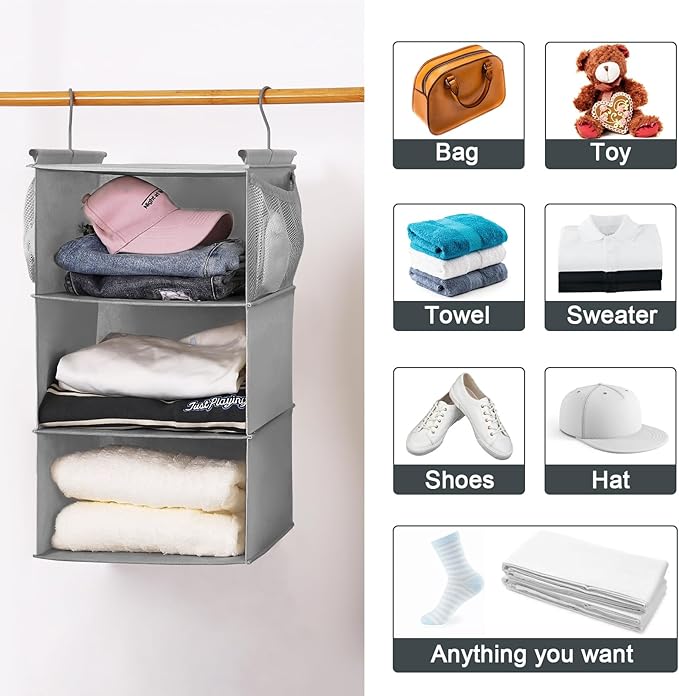 MAX Houser 3 Tier Shelf Hanging Closet Organizer, Closet Hanging Shelf with 2 Sturdy Hooks for Storage, 2 Pack, Foldable (Grey)