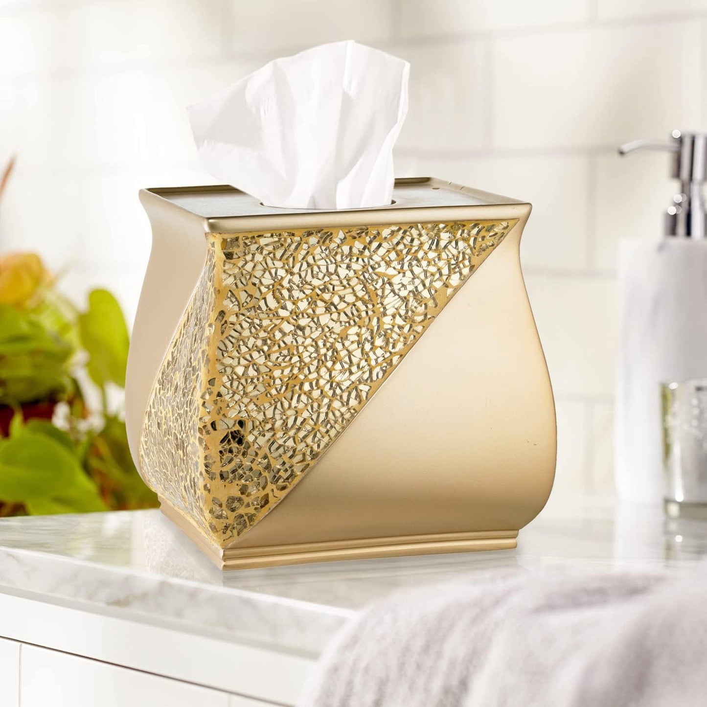 Zahari Home 2pc Sinatra Modern Bath Accessories Set Waste Basket & Tissue Box Champagne Gold Modern Decorative Beautiful Designs Bathroom Decor Set for Home Luxury Bath Set Mosaic Glass