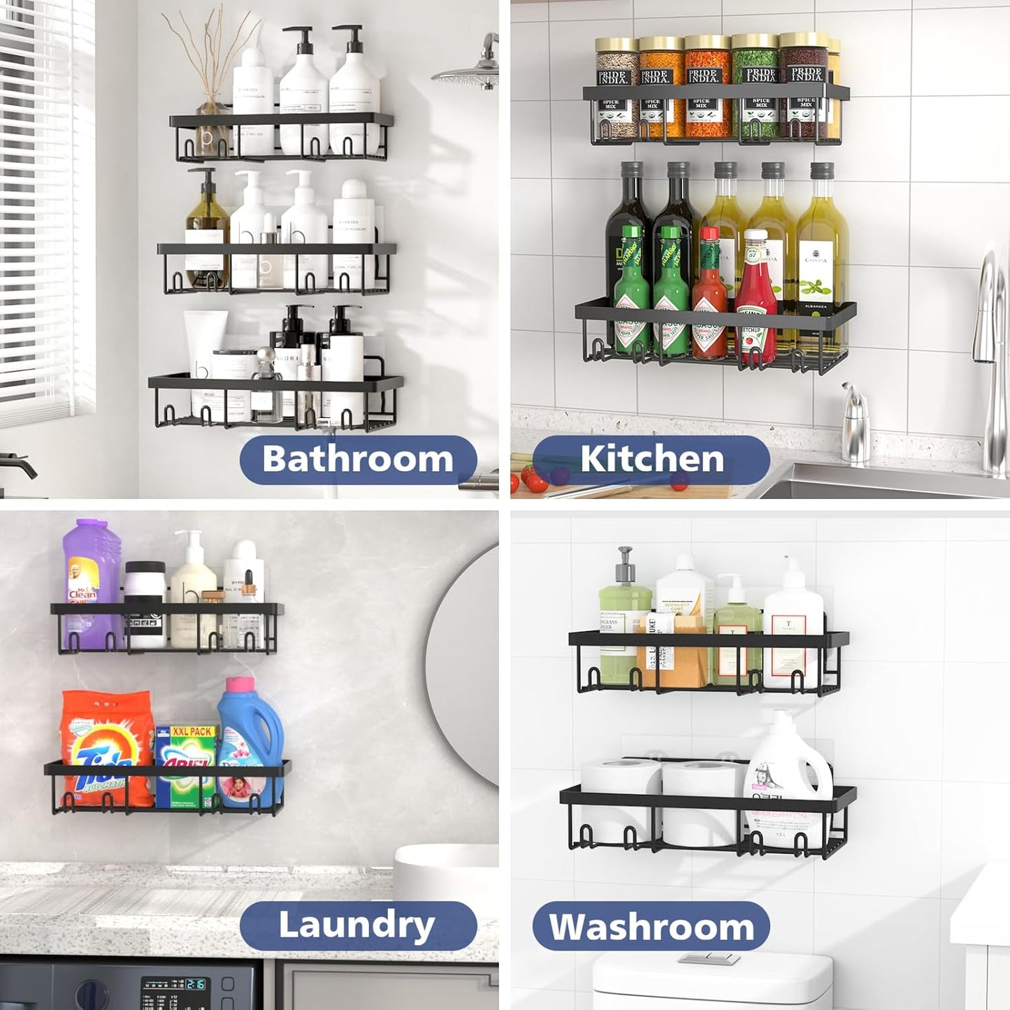 10 Pack Shower Caddy Organizer Rack Shelf for Inside Shower, Self Adhesive Wall Storage Basket Rustproof Stainless Steel Shampoo Holder Bathroom Accessory Decor Set, Black