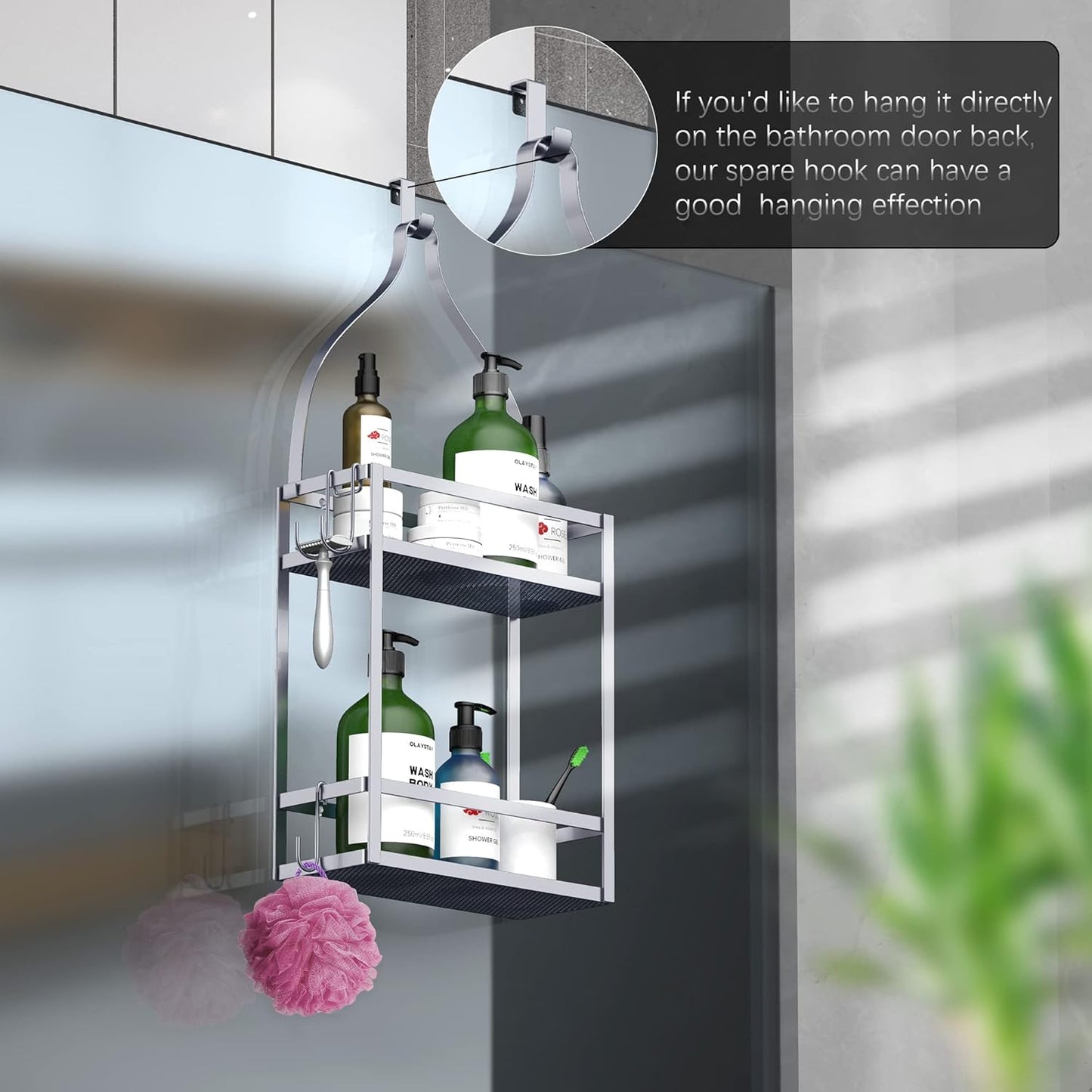 Meangood Shower Caddy, Silver Hanging Shower Caddy Organizer 10.4" x 4.5" x 22.04" Over Shower Head Big Capacity for Shampoo, Conditioner with Hooks for Razor/Sponge