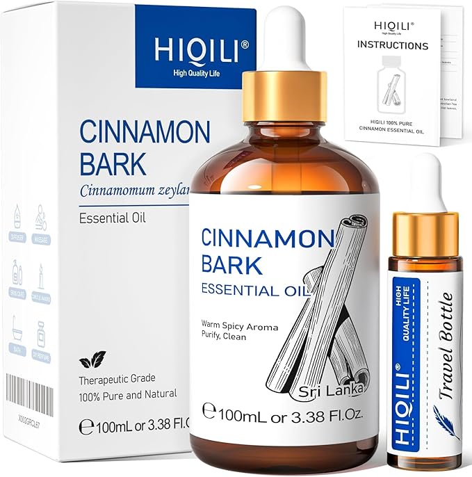 HIQILI Cinnamon Essential Oil for Spary, Diffuser, Garden and Kitchen - 100% Pure Natural - Indoor and Outdoor, 3.38 Fl Oz