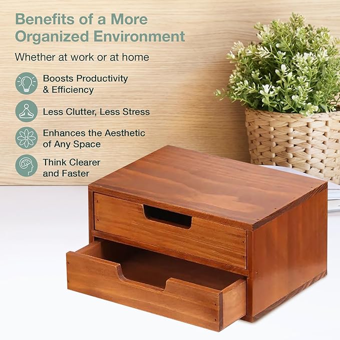 Double Drawer Desktop Storage Organizer in a Modern Wood Design (9.8”x6.9”x 5.1”) 2-Drawer Stackable Drawer Unit - Wood Monitor Riser (1-Pack)
