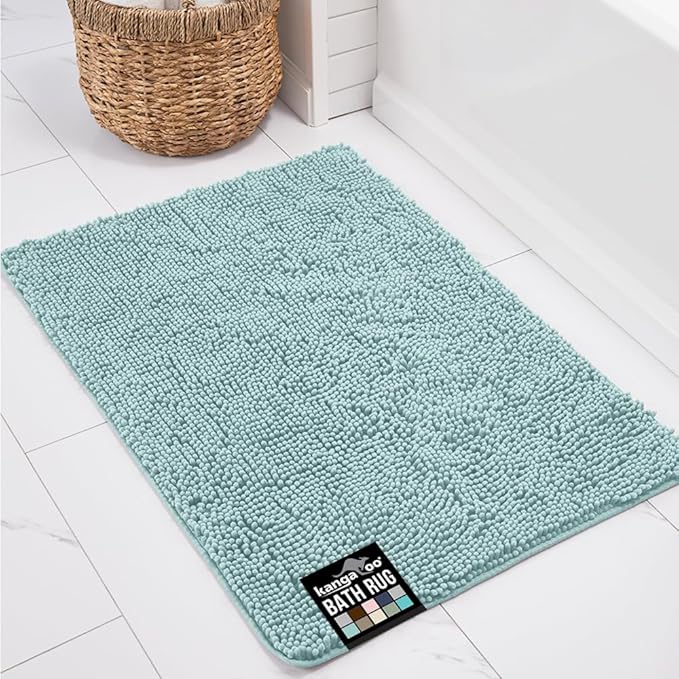 KANGAROO Bathroom Rugs, Chenille Soft Absorbent Bath Rug, Shaggy Shower Mat, Quick Dry Machine Wash Bathmat, Plush Carpet Mats for Tub, Bathtub and Room Home Decor Accessories, 42x24, Seafoam