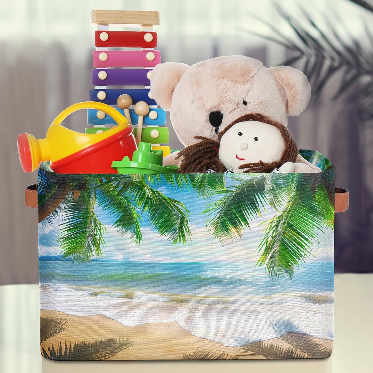 Beach Tropical Coconut Tree Storage Basket for Shelves, Storage Bins with Handles, Collapsible Basket for Organizing, Closet Toy Baskets for Nursery Room, 15x11x9.5 in, Canvas, Summer Beach