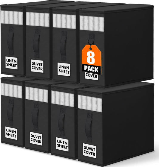 WOWBOX Sheet Organizers and Storage,Closet Bed Sheet Organizer Under Bed Storage and Organization with Label Cards & Clear Window for Bedding Sheets,Duvet Covers,Blankets (8 Pack，Black)