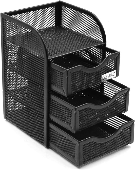 EasyPAG Mesh Desk Organizer with 3 Drawer Office Desktop Organizers and Accessories Stationery Caddy for Office, Home, Students, Black