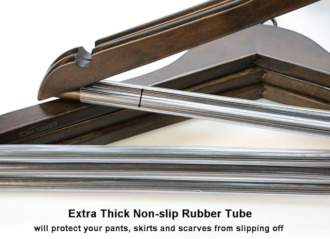 TOPIA HANGER Heavy Duty Wood Coat Hangers in Smooth Retro Finish, Boutique Quality Wooden Suit Hangers-Thicker Non-Slip Rubber Pants Bar and Extra Smoothly Cut Notches-360° Black Hook-18 Pack CT04A