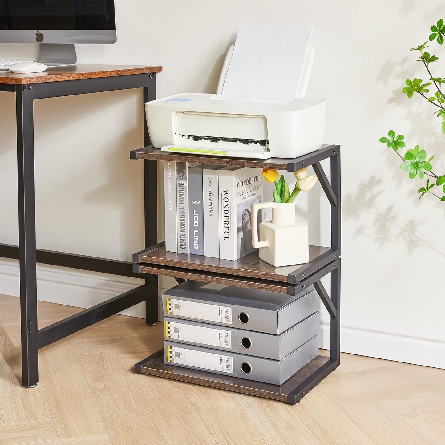 IBUYKE 2-Tier Desktop Printer Stand Holder, Multi-Purpose Desk Organizer Storage Shelf, Book Shelf Printer Shelf for Fax Machine, Scanner, Files, Books, Dark Grey UTLJ004G