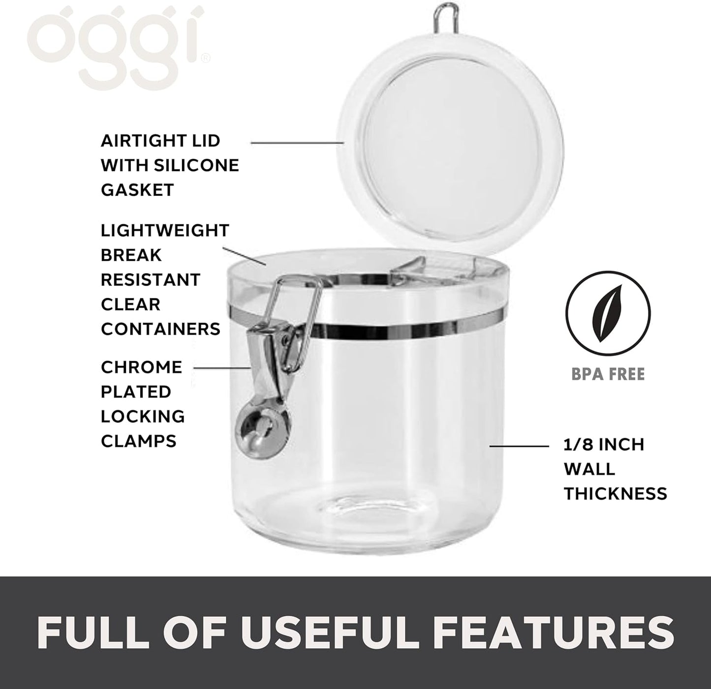 Oggi Jumbo Clear Canister with Clamp Lid, 150 oz - Airtight Food Storage Container, for Kitchen & Pantry Storage of Bulk, Dry Foods Including Pasta, Flour, Sugar, Coffee, Rice, Tea, Spices & Herbs