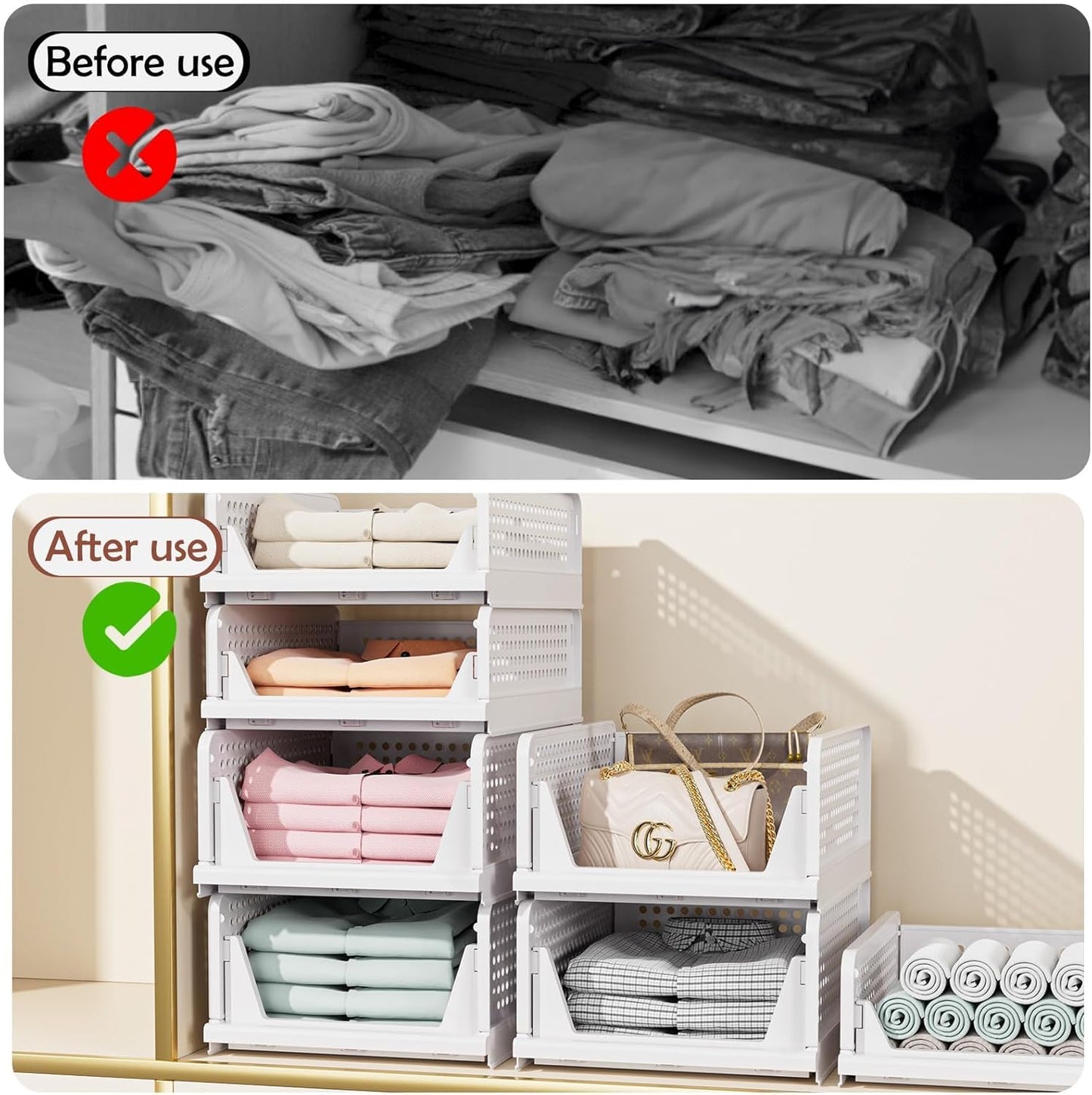 CTSNSLH 5 Pack Closet Organizers Storage Box, Closet Storage Stackable Storage Bins, Plastic Drawer Basket for Wardrobe Cupboard Kitchen Bathroom Office, White