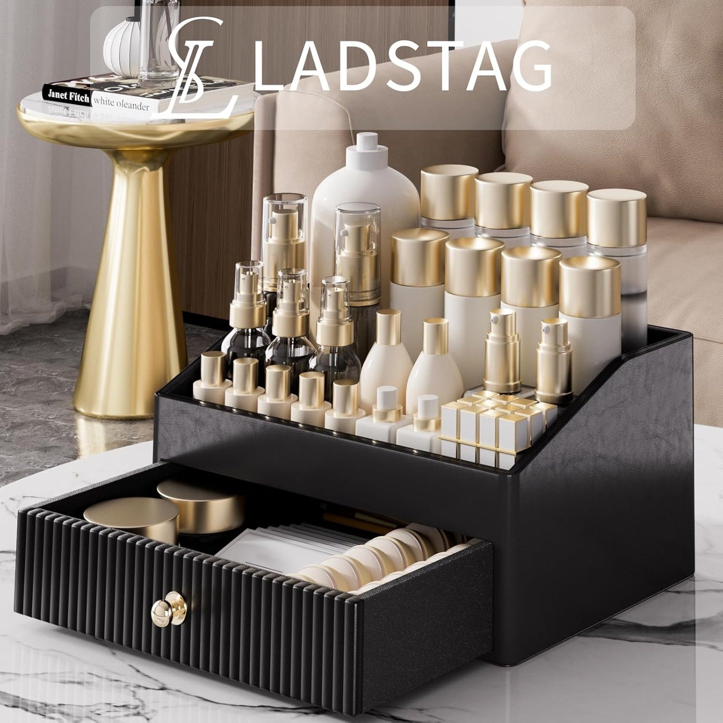 Vanity Organizer,Leather Skin Organizers with 1 Drawer&Tray,Large Capacity Black Vanity Organizers and Storage for Lipstick,Bedroom,Bathroom,Mothers Day Gifts,Gift for Women