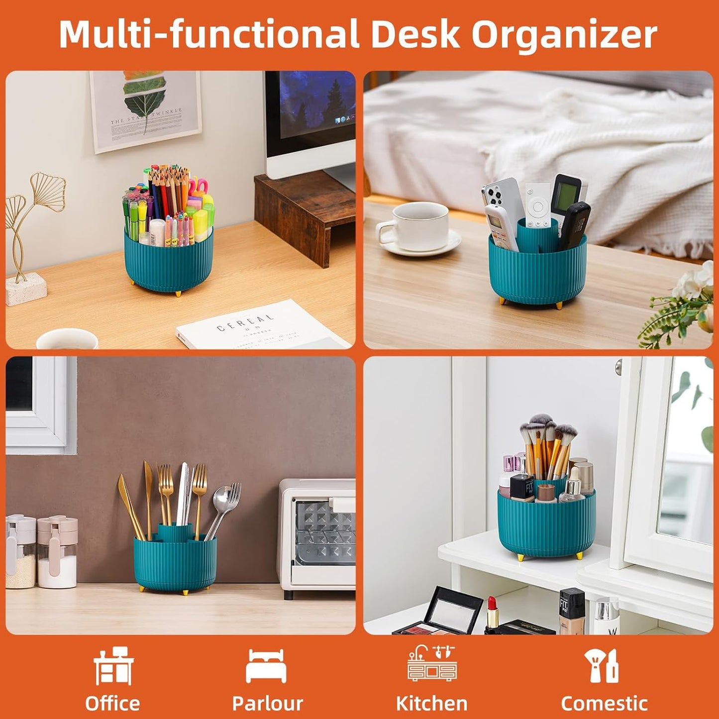 Marbrasse Desk Organizer, 360-Degree Rotating Pen Holder, Desk Organizers and Accessories with 5 Compartments Pencil Organizer, Art Supply Storage Box Caddy for Office, Home（Green）