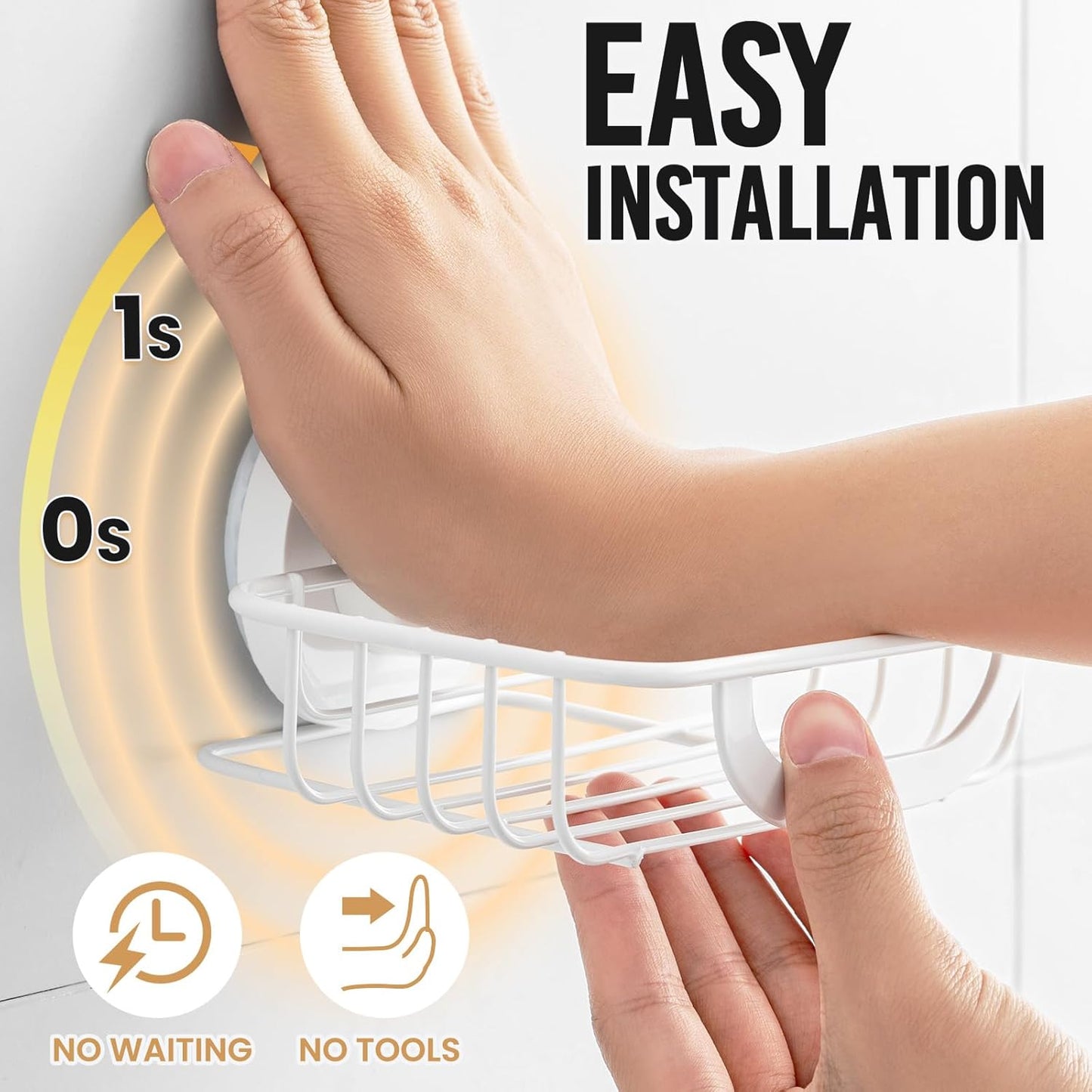 LEVERLOC Soap Holder Dish with Hooks for Shower, Bar Suction Cup Soap Tray Wall Mounted, Rustproof Stainless Steel Sponge Holder Caddy for Bathroom Bathtub Kitchen Sink, White