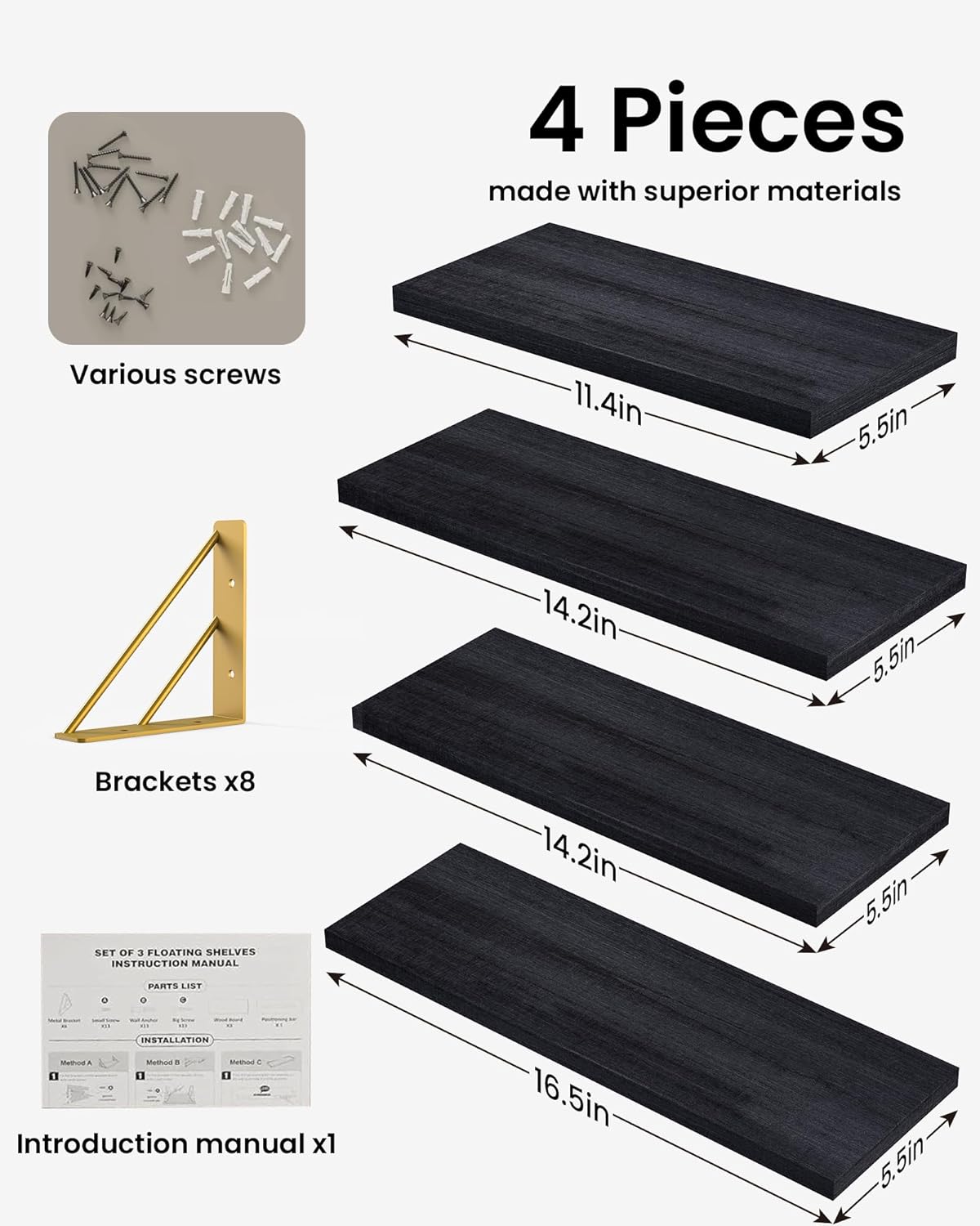 BAYKA Floating Shelves for Bedroom Decor, Wall Shelves for Storage, Wall Mounted Rustic Wood Floating Shelf for Books,Corner Shelf for Bathroom,Kitchen,Living Room(Black and Gold，Set of 4)