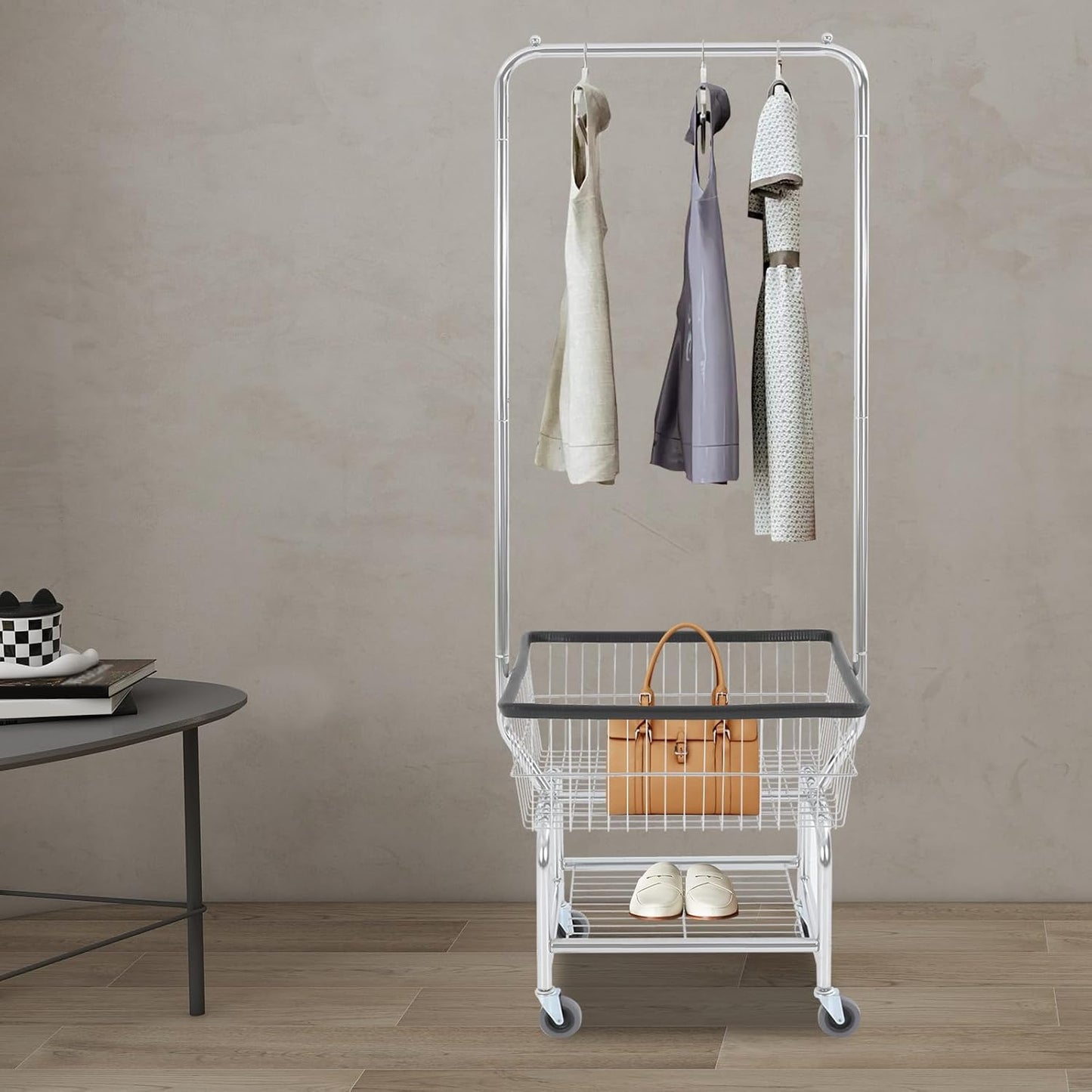 Laundry Basket with Wheels,Commercial Laundry Basket Cart,Heavy Duty Rolling Wire Lau-ndry Cart with Rod Rack for Clothes Storage (Type 3)