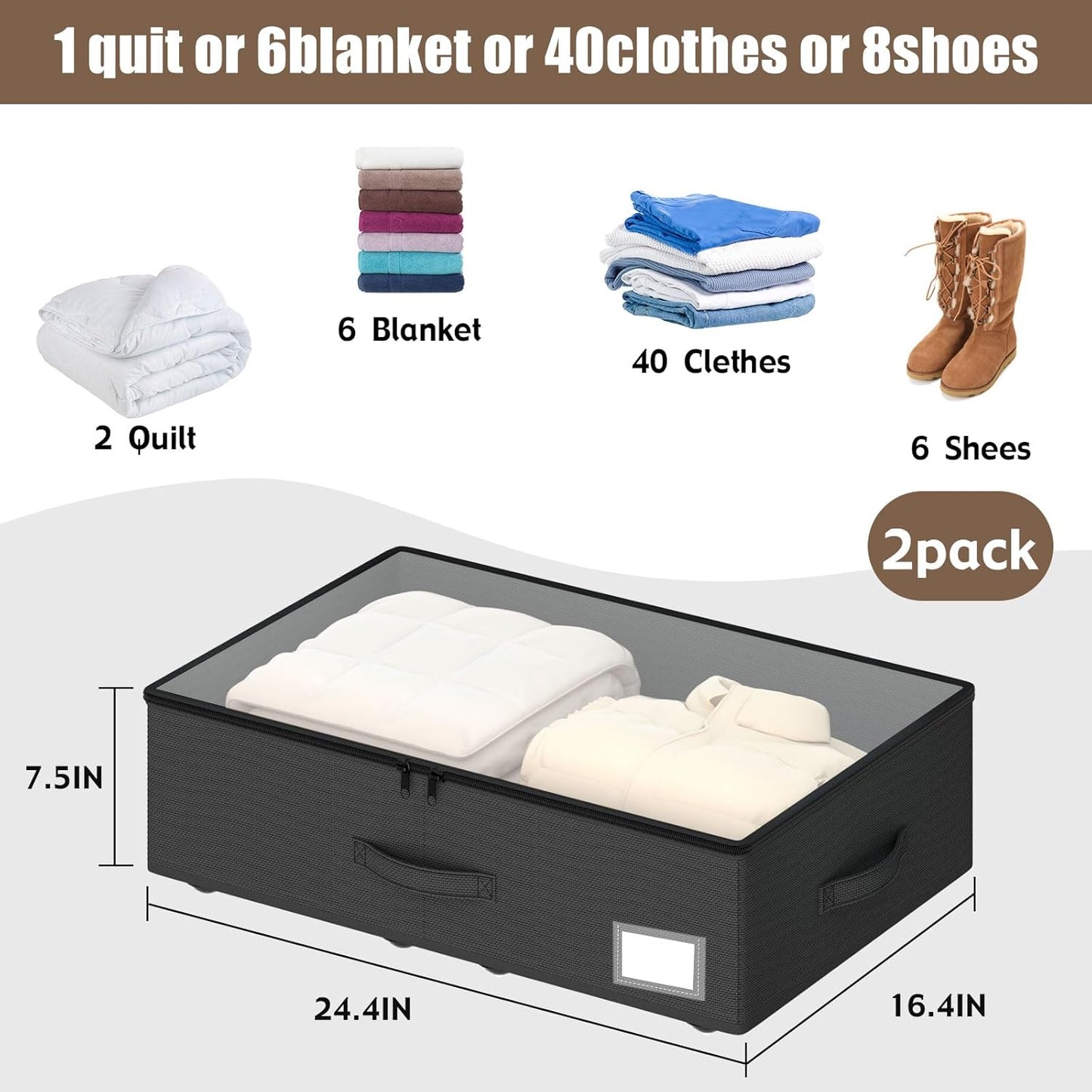 Underbed Storage Bins with Wheels, No Assembly Required - 7.5 inch height Black Large Capacity Rolling Underbed Containers for Shoes, Dorm under bed storage drawers