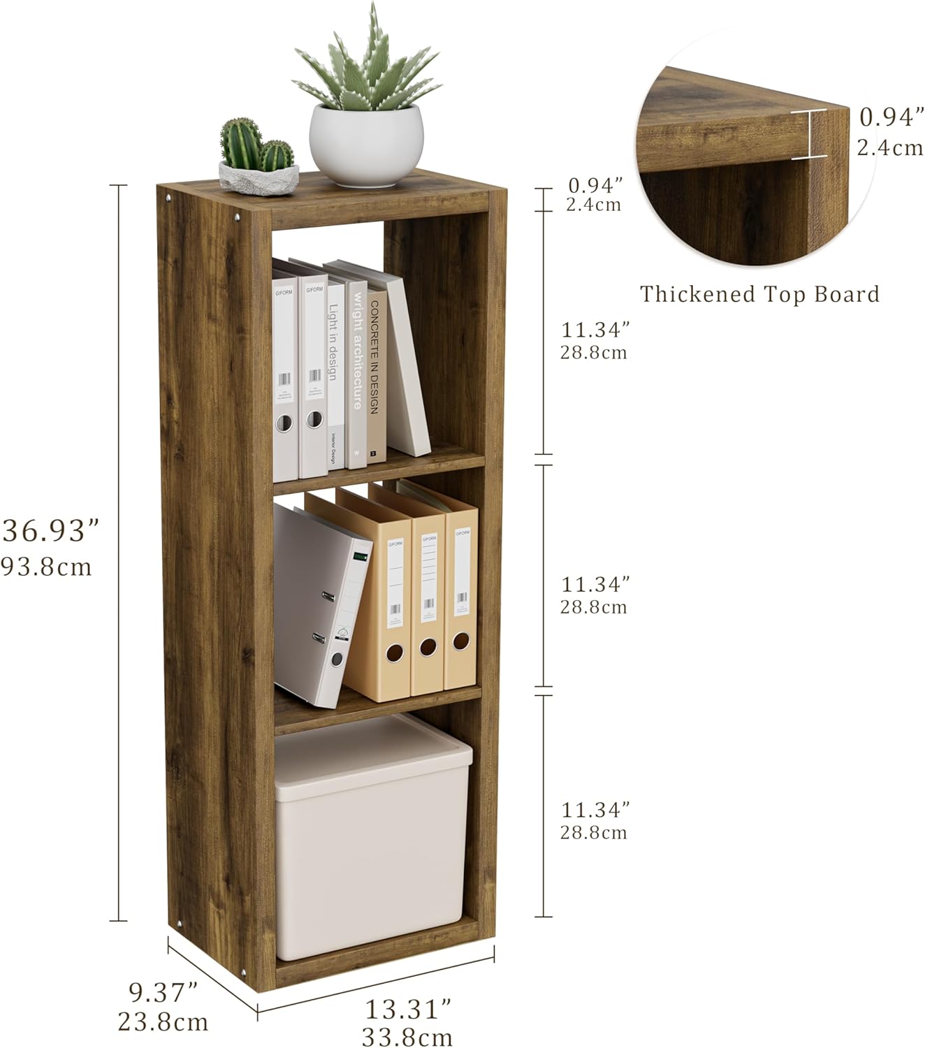 Cube Storage Organizer Bookcase, 3 Tier Decorative 11 inch Open Back Cubical Shelf with Thickened Border, Display Bookshelf for Living Room, Home Office, Sturdy Room (Brown, 3 Cube)