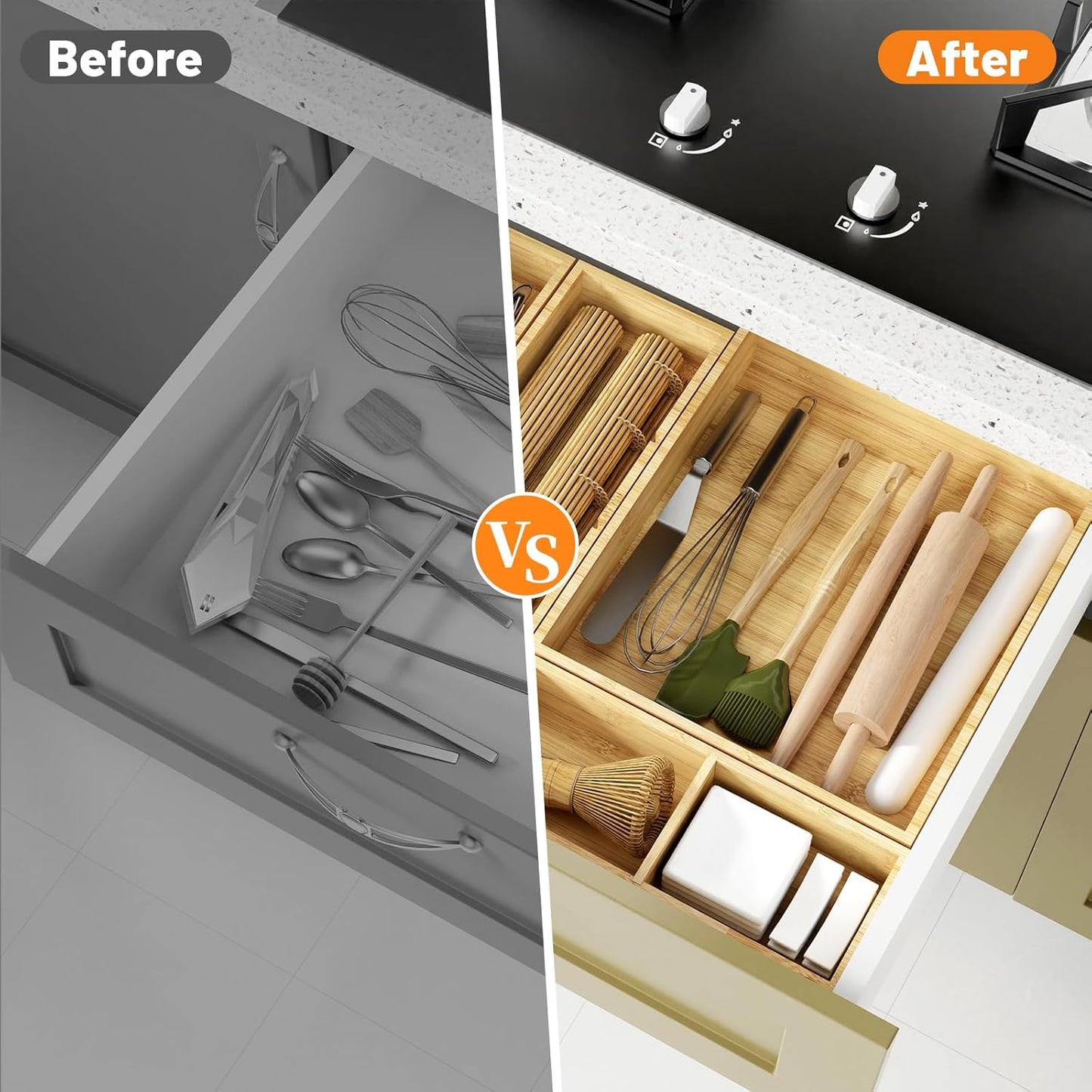 SpaceWhisper Bamboo Drawer Organizer, 5-Piece Drawer Divider with Removable Dividers for Organization and Storage, Multi-Use Stackable Storage Box & Utensil Holder for Kitchen, Office, Makeup & More