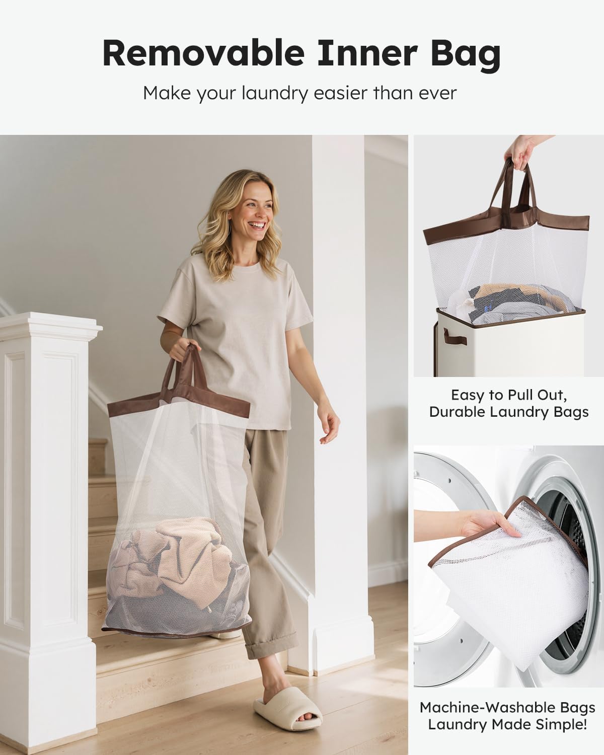 SOLEDI Slim Laundry Hamper with Lid, Narrow Laundry Basket with Removable Bags, Dirty Clothes Hamper with handle, Small Hamper perfect for Laundry room, Bathroom, Bedroom, Small spaces. 70L Beige