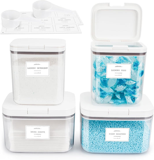 4 Pack Airtight Laundry Detergent Containers & Dryer Sheet Holder with Lids & Scoops, Stackable Laundry Room Organization and Storage for Scent Booster, Powder, Pods