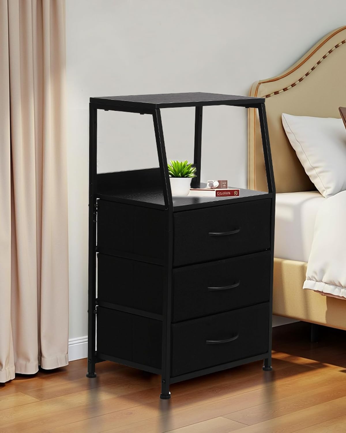 Dresser for Bedroom, Fabric Nightstand Tall Dresser & Chests of Drawers with 3 Drawers, Vertical Organizer Storage Tower Unit for Bedroom, Hallway, Entryway Black