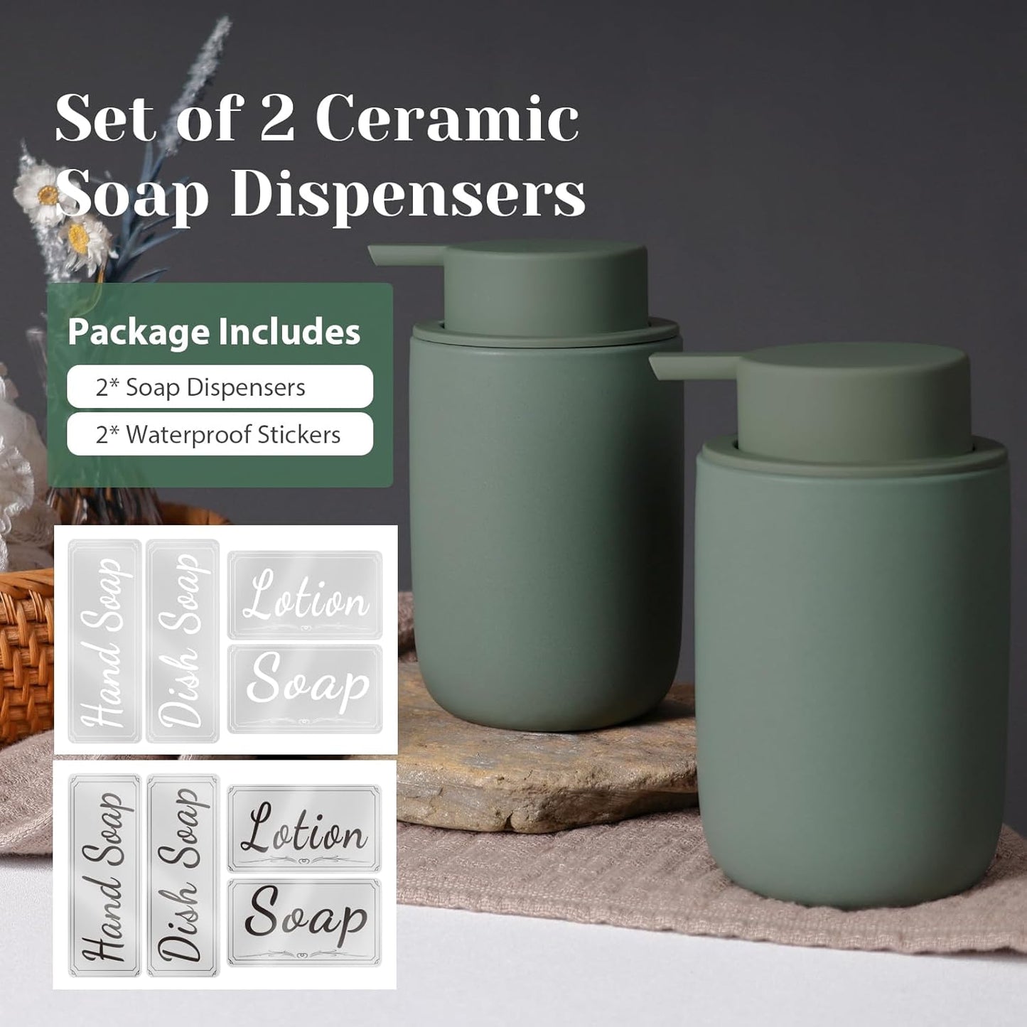 INGOFIN Ceramic Foaming Soap Dispenser Set, 2 Pack (12 oz) Bathroom Foam Hand Soap Dispenser with Pump, Hand and Dish Dispenser Set with 8 Pcs Clear Stickers,for Kitchen- Matte Green