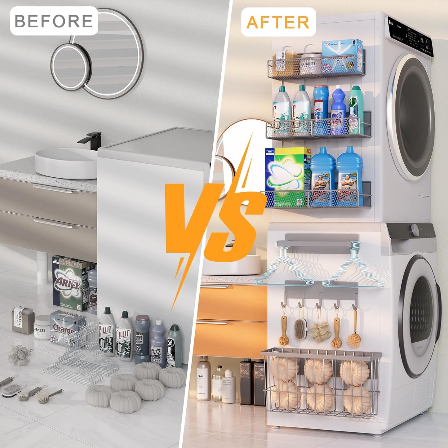 6-Pack Magnetic Shelves for Washing Machine & Refrigerator, Heavy-Duty Laundry Organizer with Hanger Holder & Deep Baskets, Metal Storage System for Laundry Room (Grey)