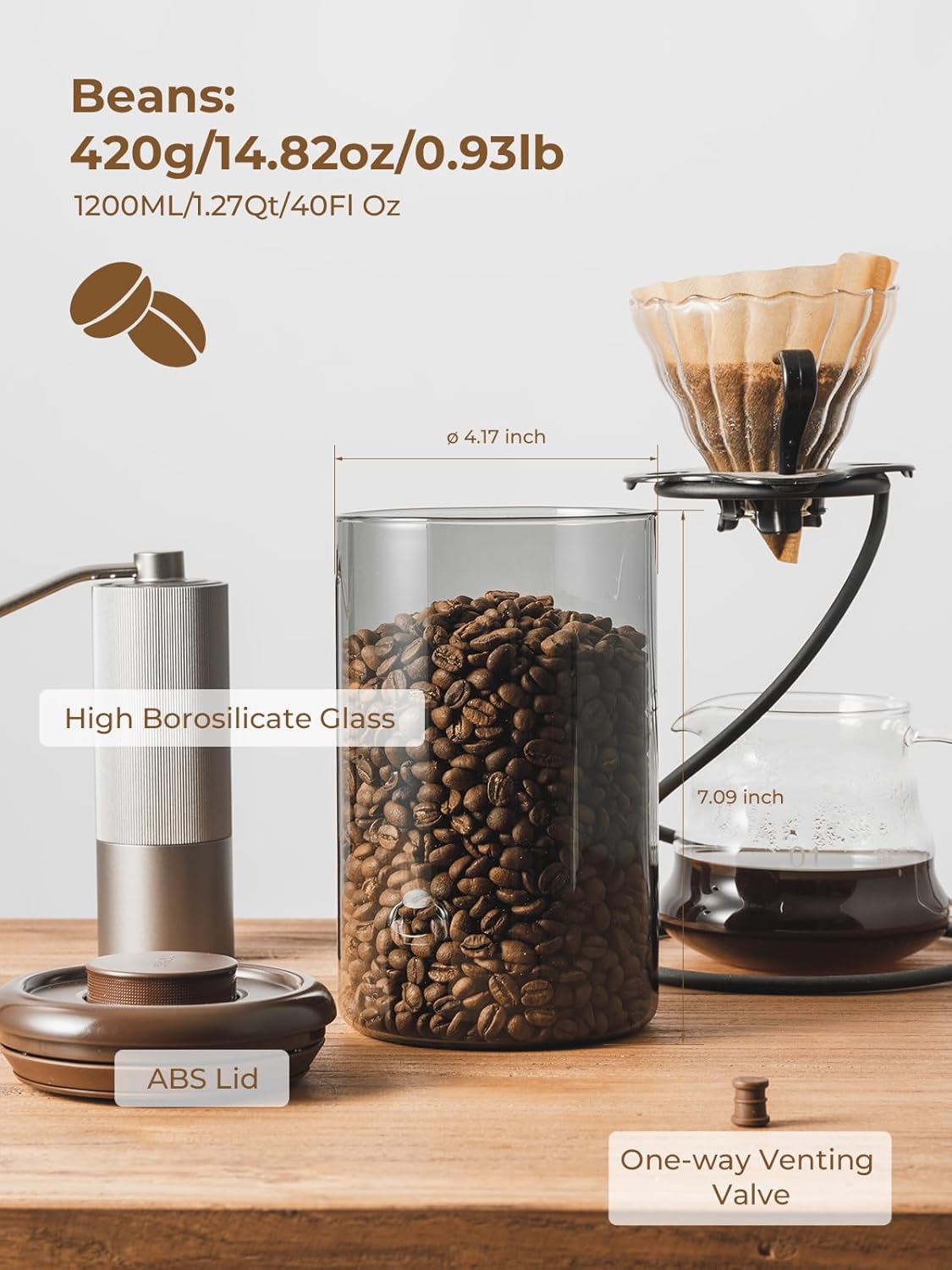 Coffee Canister for Ground Coffee, 13 oz Borosilicate Air Tight Coffee Bean Container with Pop Lid, CO₂ Releasing Valve for Grounds Coffee, Anti-UV