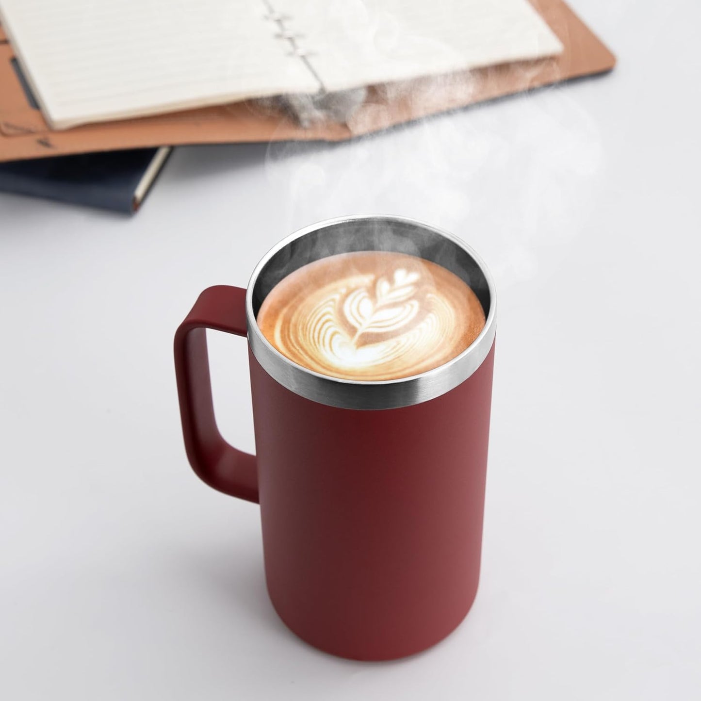 DOMICARE 24oz Mug with Handle and Lid, Stainless Steel Coffee Mug, Travel Mug with Handle, Double Wall Vacuum Coffee Tumbler, Reusable Insulated Cup, Dark Red, Pack 4