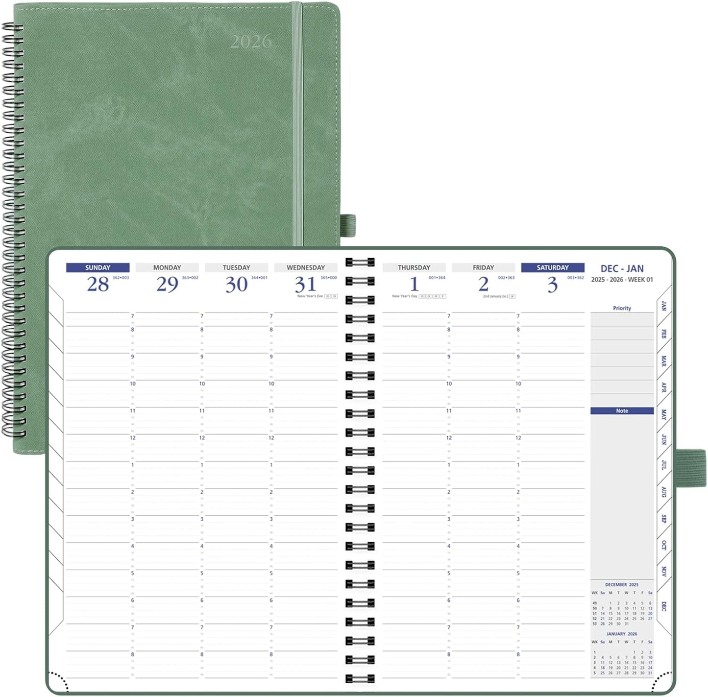POPRUN 2026 Weekly Planner (A4-8.25'' x 11.75''), Quarter-Hourly Appointment Book (Jan. 2026 to Dec. 2026) with Monthly Tabs, Spiral Softcover, 2 Inner Pockets, Pen Holder - Midnight Green