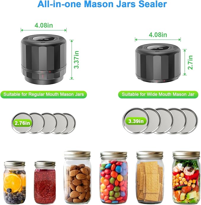 Electric Mason Jar Vacuum Sealer Kit - 2000mAh Battery, Enhanced Motor, Wide & Regular Mouth Lids Compatible, Black - Ideal for Canning