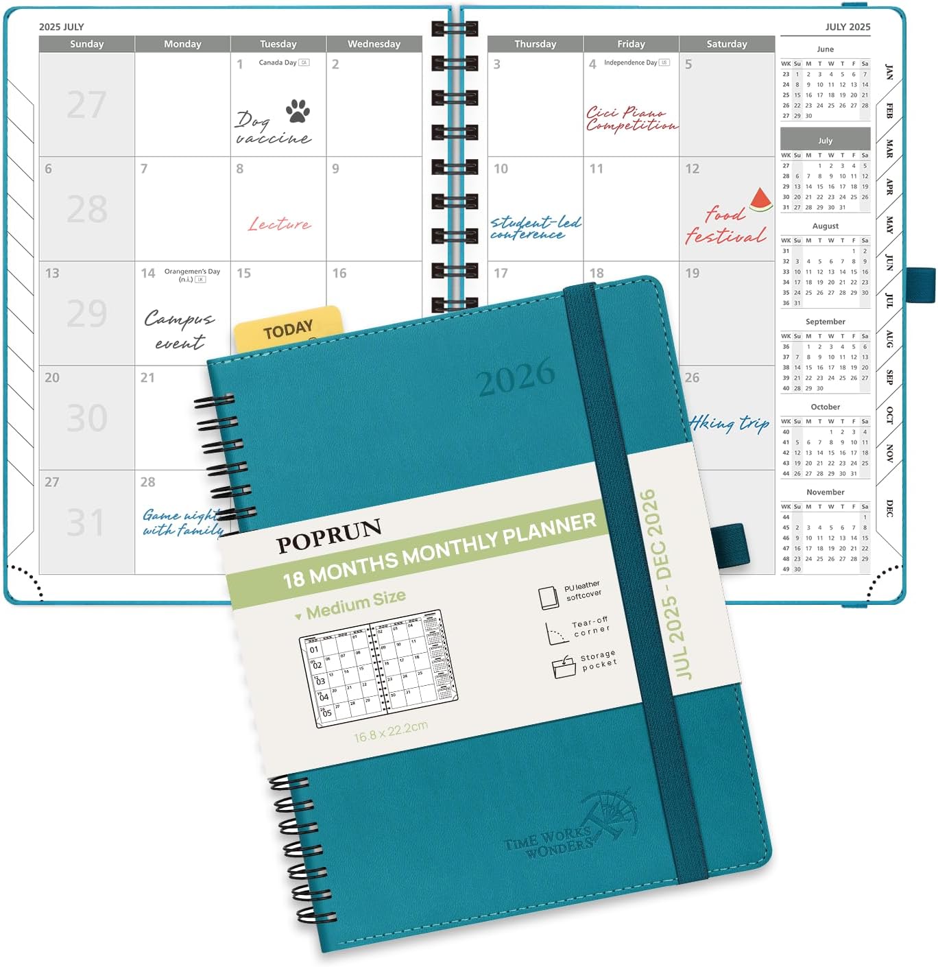 POPRUN Monthly Planner 2025-2026 Spiral Bound (6.5" x 8.5") 18 Months Calendar (Jul 2025 - Dec 2026) - 4 Pages per Month with Monthly Expense & Notes, Sunday Start, Leather Cover - Pacific Green