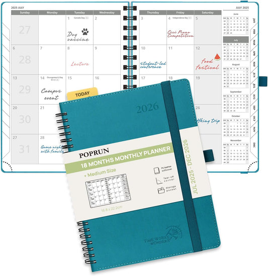 POPRUN Monthly Planner 2025-2026 Spiral Bound (6.5" x 8.5") 18 Months Calendar (Jul 2025 - Dec 2026) - 4 Pages per Month with Monthly Expense & Notes, Sunday Start, Leather Cover - Pacific Green