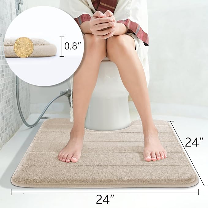 Yimobra Memory Foam Toilet Bath Mat U-Shaped, Soft and Comfortable, Super Water Absorption, Non-Slip, Thick, Machine Wash and Easier to Dry for Bathroom Commode Contour Rug, 24 X 24 Inches, Beige