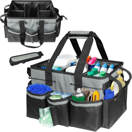 Organizer with Handles for Cleaning Tools, 17.8*12.2*9.3in Large Cleaning Caddy Bag Waterproof Car Cleaning Tool Organizer Bag with Shoulder Detachable Divider for Cleaners Housekeeper(Grey)