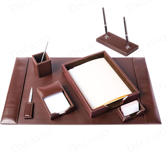 Dacasso Dark Brown Bonded Leather Luxury 7-Piece Desk Set - Blotter Pad & Desk Organization Essentials - Executive Decor and Surface Protector