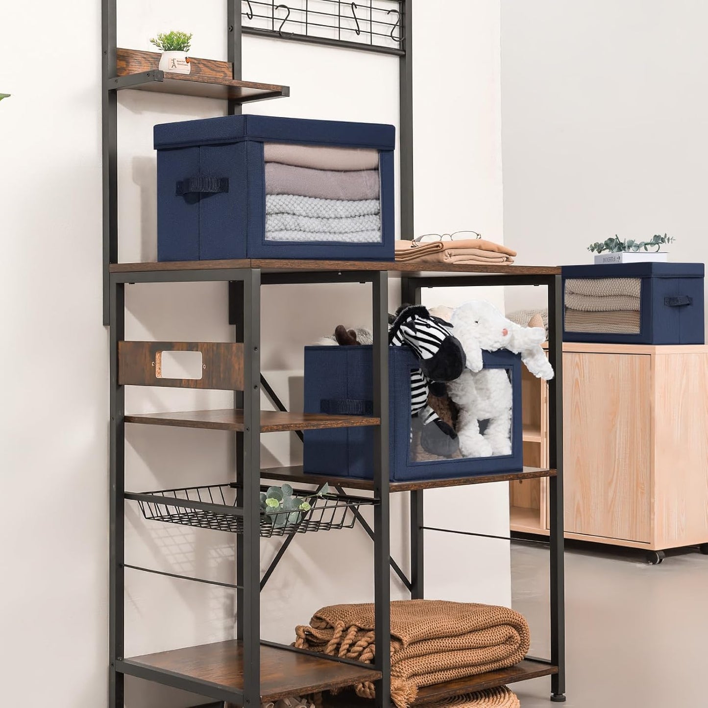 Stackable Storage Bins with Lids - Medium Storage Box with Lids, Foldable Closet Boxes for Organizing, Wardrobe Clothes Organizer with Window, Cubes Bins for Living Room, 5 Pack, Navy Blue