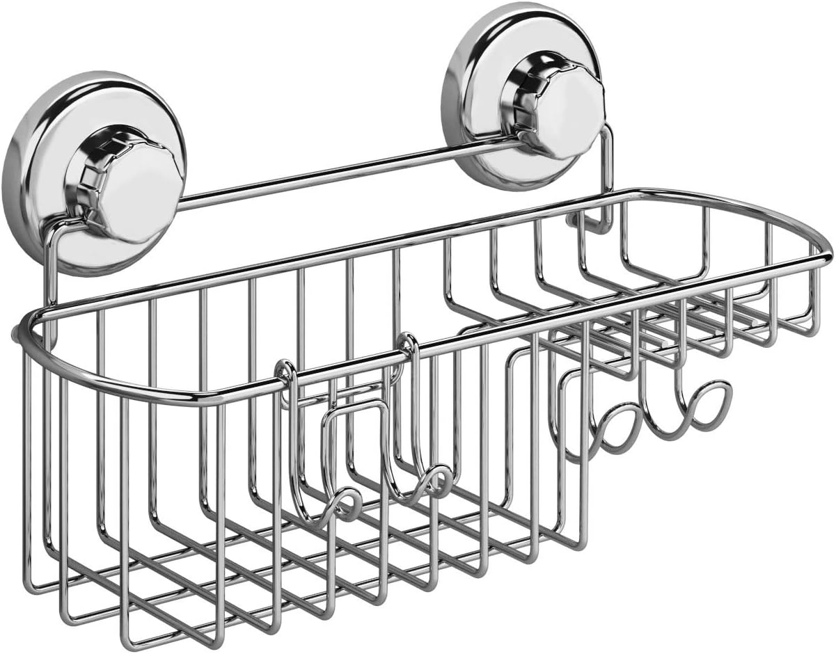 HASKO Shower Caddy Suction Cup, Shower Shelf with Soap Dish and Hooks Organizer, Suction Bathroom Shelf for Storage, Wall Mounted Basket, Silver