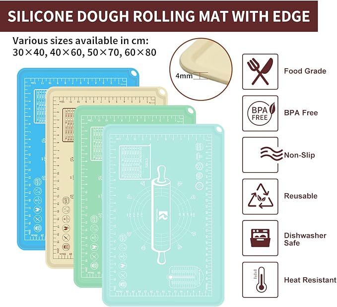 Silicone Baking Mat 20"L x 28"W, Extra Thick Dough Rolling Pad with Measurements and Edge Heightening, Non-stick Food Grade Silicone Pastry Mat for Pastry, Bread, Cookies
