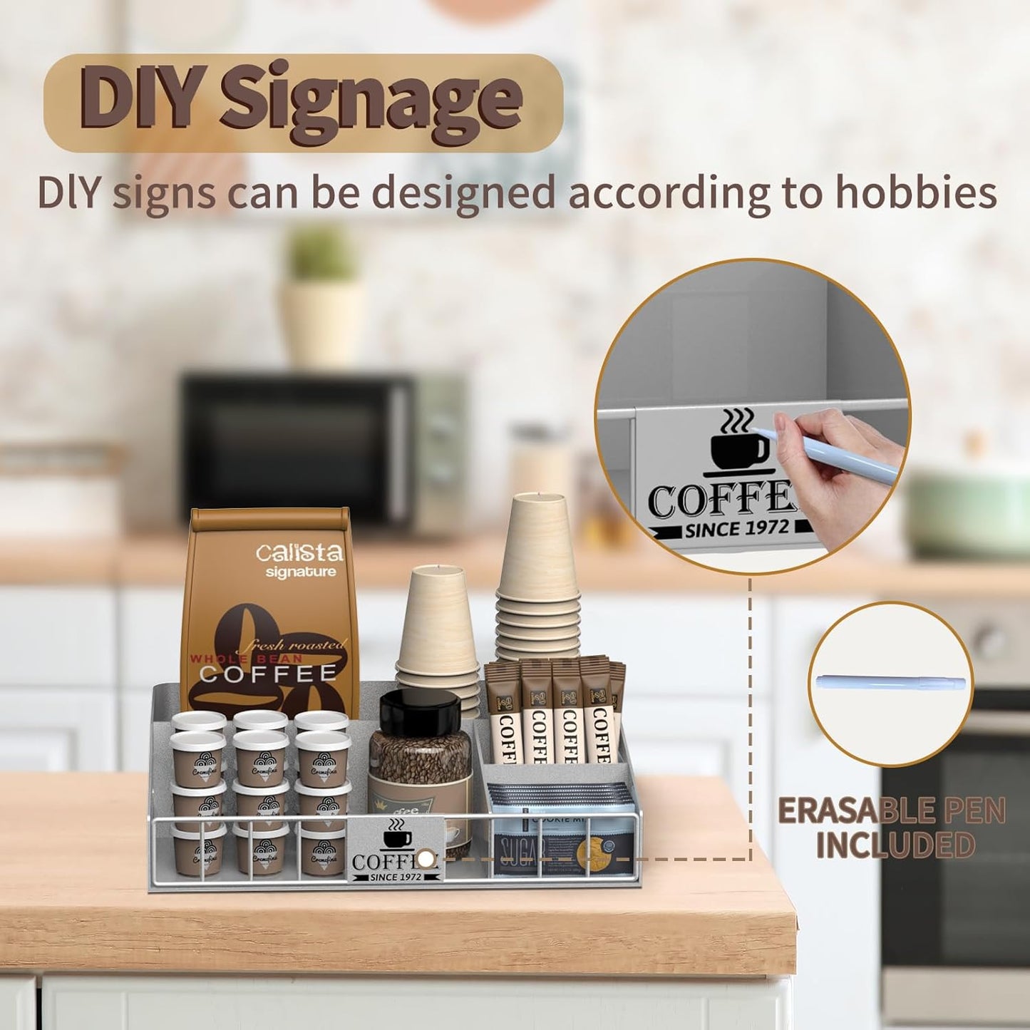 Metal Coffee Station Organizer for Countertop - Coffee Bar Organizer with Designable DIY Logo, K Cup Pods Holder & Tea Condiment Storage - Rustic Breakroom Kitchen Decor in Silver （1 Pcs）