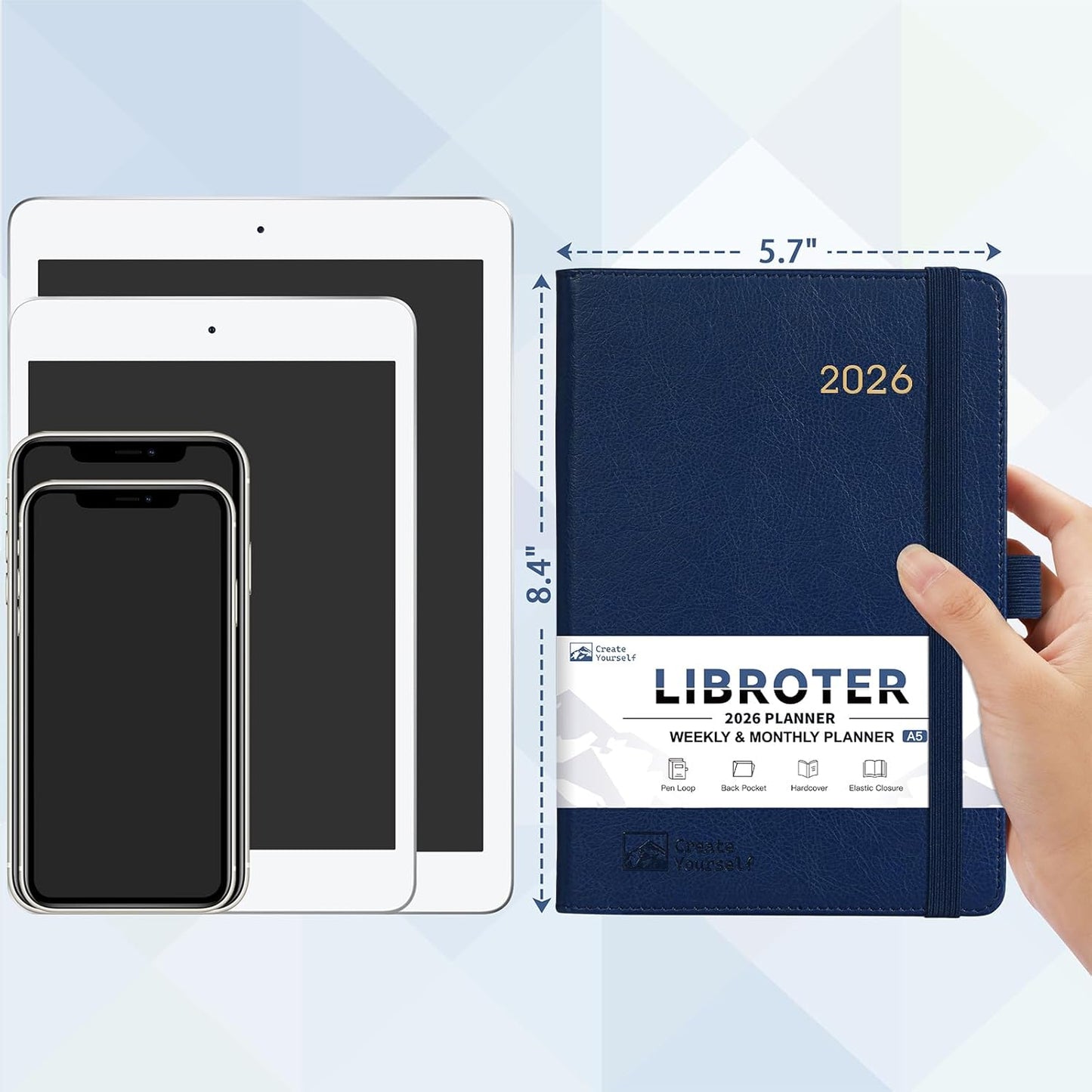 2026 Planner - Planner 2026, 2026 Weekly Monthly Planner, Jan.2026 - Dec.2026, 5.7'' x 8.4'', Thick Paper, Leather Cover, Pen Holder, Back Pocket, Bookmarks, Perfect Daily Organizer - Navy Blue