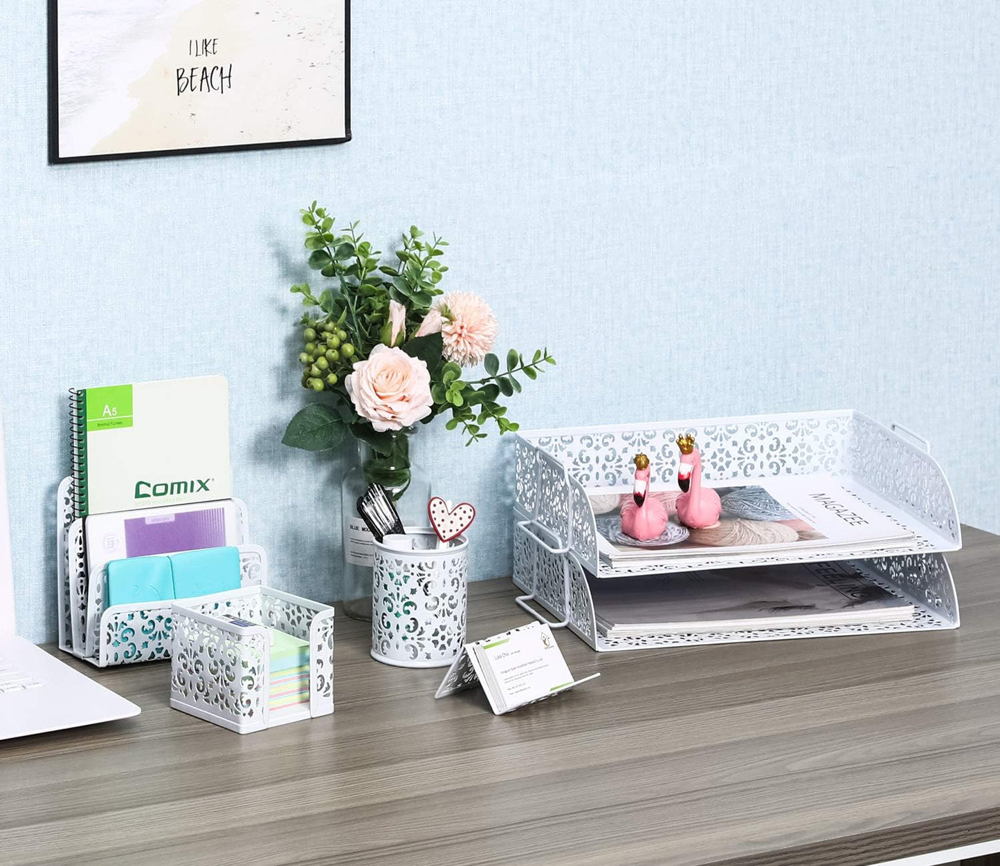 EasyPAG Desk Organizers and Accessories 5 Pieces Office Supplies Set - 2 Tier Paper Tray, Pencil Organizer for Desk, Mail Sorter Countertop, Business Card Holder and Sticky Note Holder, White