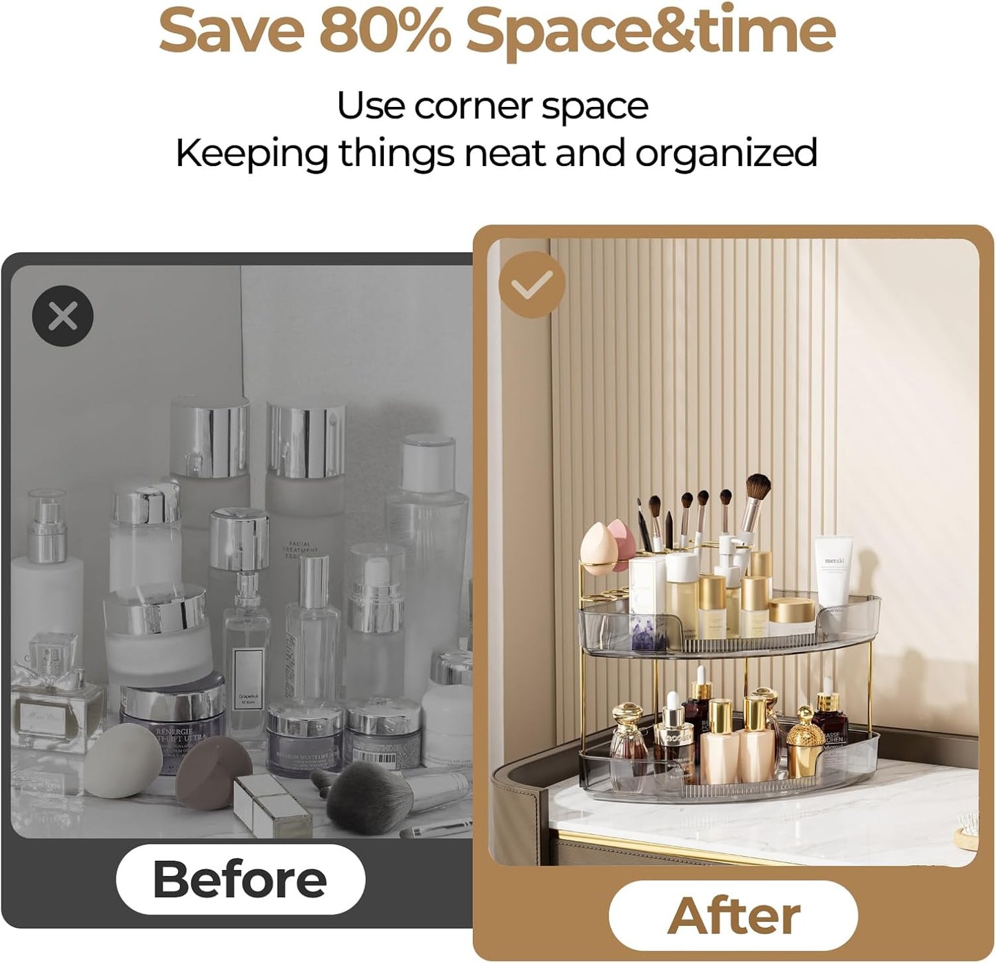 FELIZHOUSE 2-Tier Makeup Organizer for Vanity & Bathroom Countertop – Acrylic Storage Shelf with Perfume Tray & Makeup Brush Holder, Tool-Free Installation, Design for Bathroom & Dresser - Grey