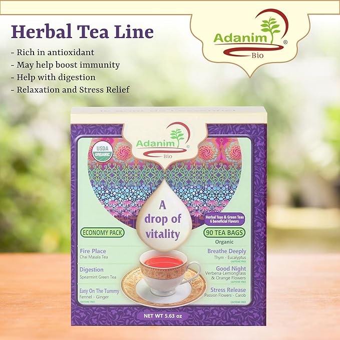 Adanim Bio Tea Sampler Gift Set Box, 6 Flavors Organic Herbal Tea Set, Total of 90 Tea Bags, Full of Aroma Scented Fragrance, Tea Lovers Gift Ideas For Christmas