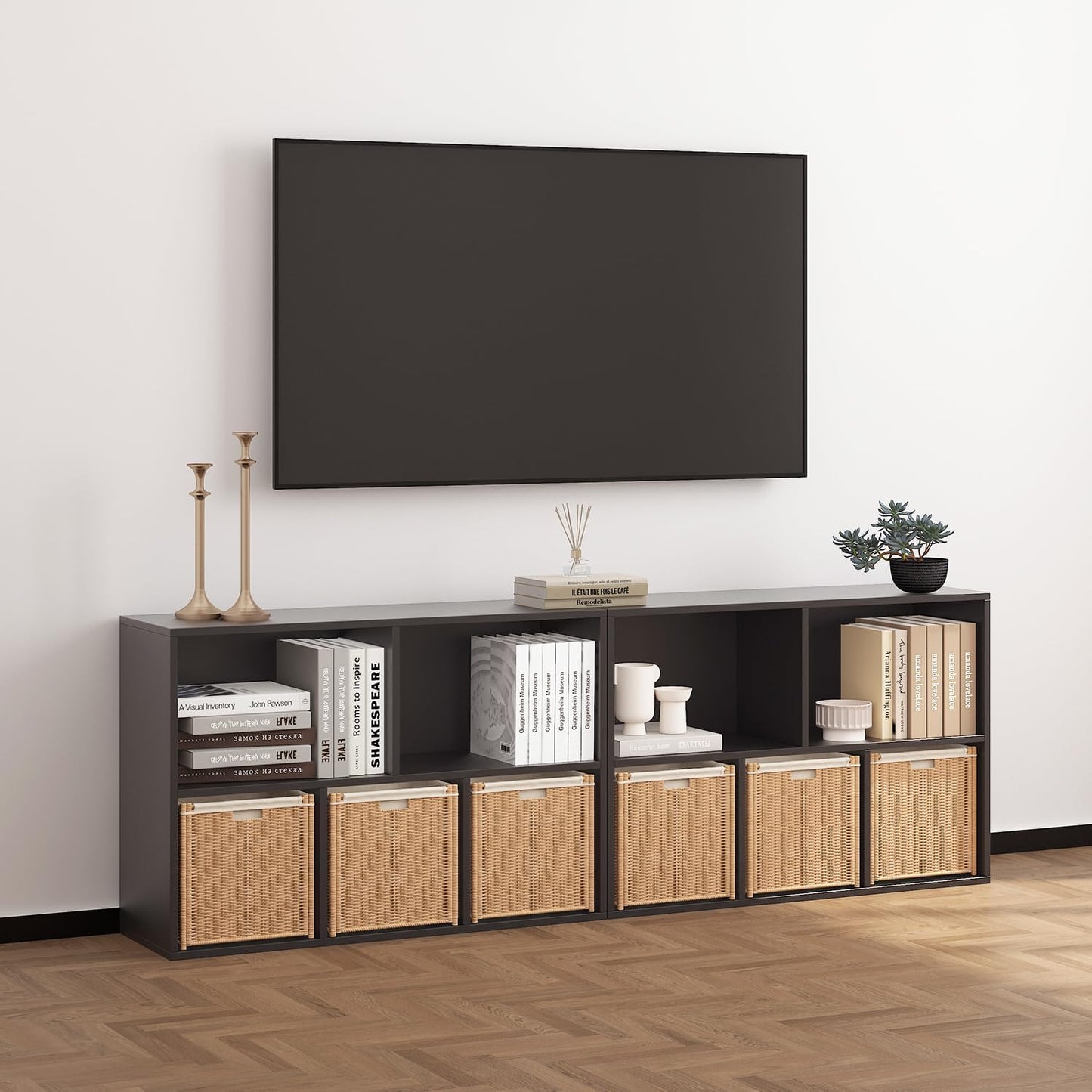 Wooden 5 Cube Storage Organizer with Closed Back Panel, Black Cube Shelf Heavy Duty Cubby Storage Organizer with Compartments for Living, Display Shelf