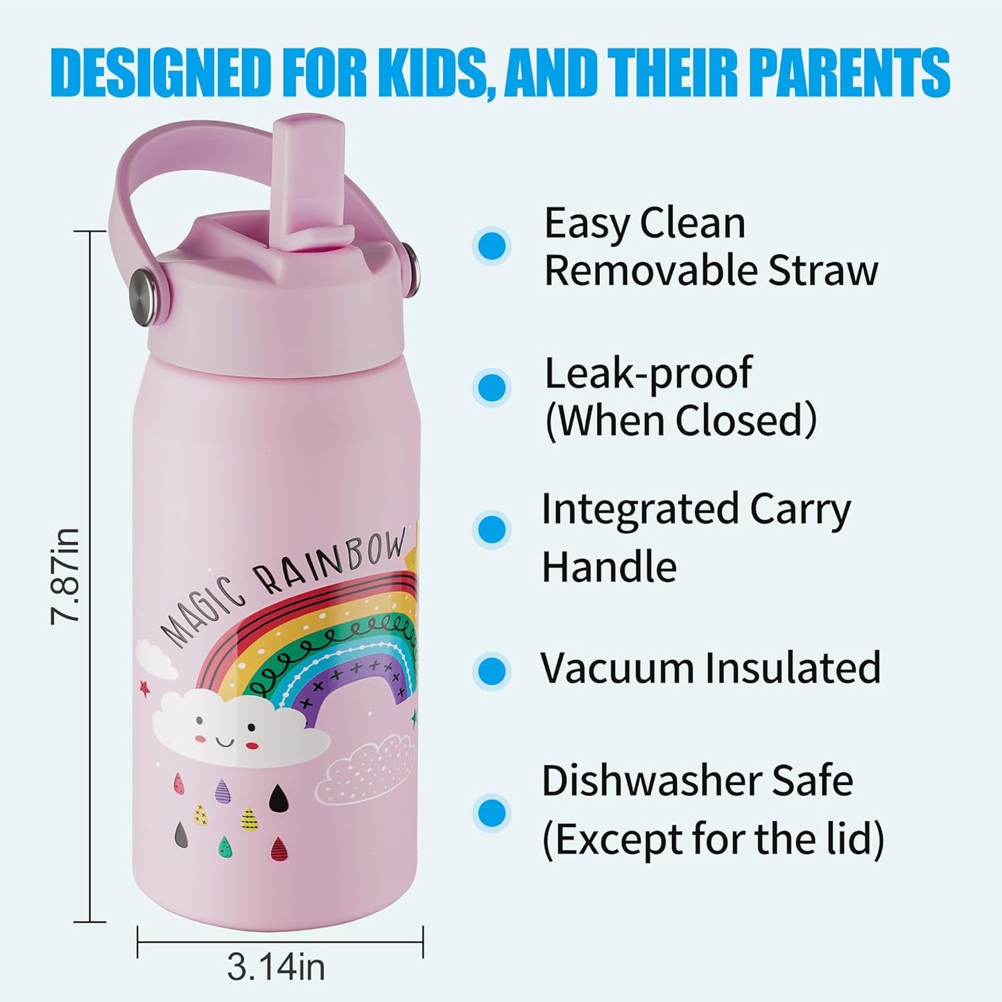 OLDLEY kids Water Bottle - 18oz Insulated Stainless Steel - Wide Straw Lid, Non Spill, Leakproof, Kids Water Bottle for School,Rainbow