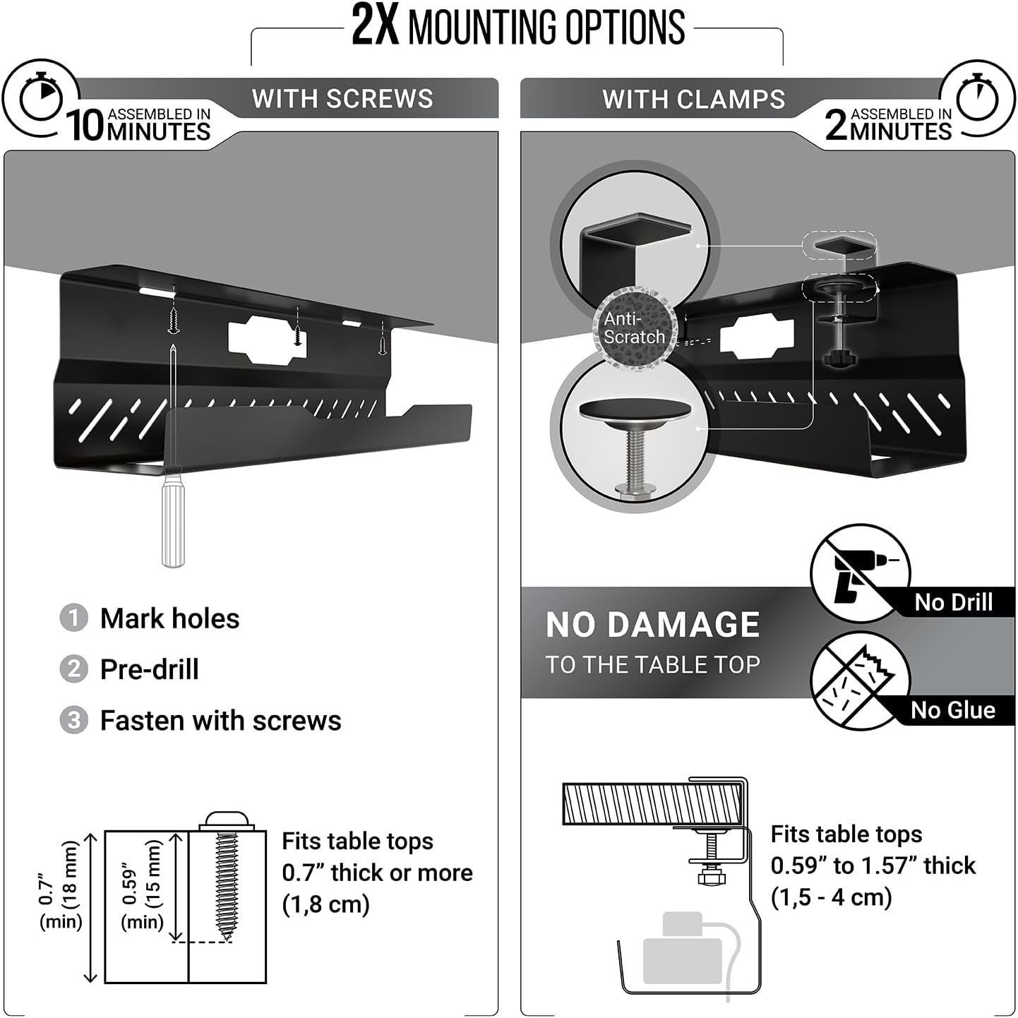 Under Desk Cable Management Tray no Drill – Wire Management - Cord Organizer – Huge Load Capacity – Under Desk Cable Tray no Drill (Black, 1 Piece Set)