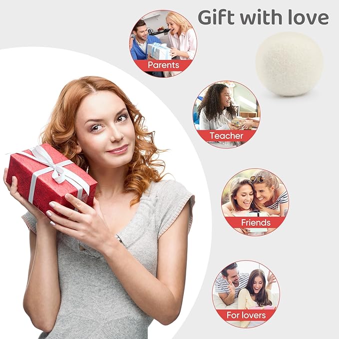 Wool Dryer Balls 6 Pack, Natural Fabric Softener, Dryer Balls Laundry Reusable, Reduces Clothing Wrinkles and Saves Drying Time (White)